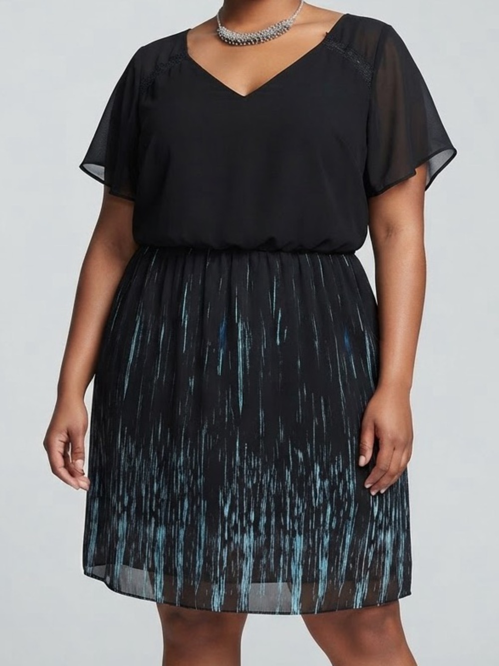 MICHEL STUDIO Black Chiffon Dress with Green Vertical Lines Skirt Size 24